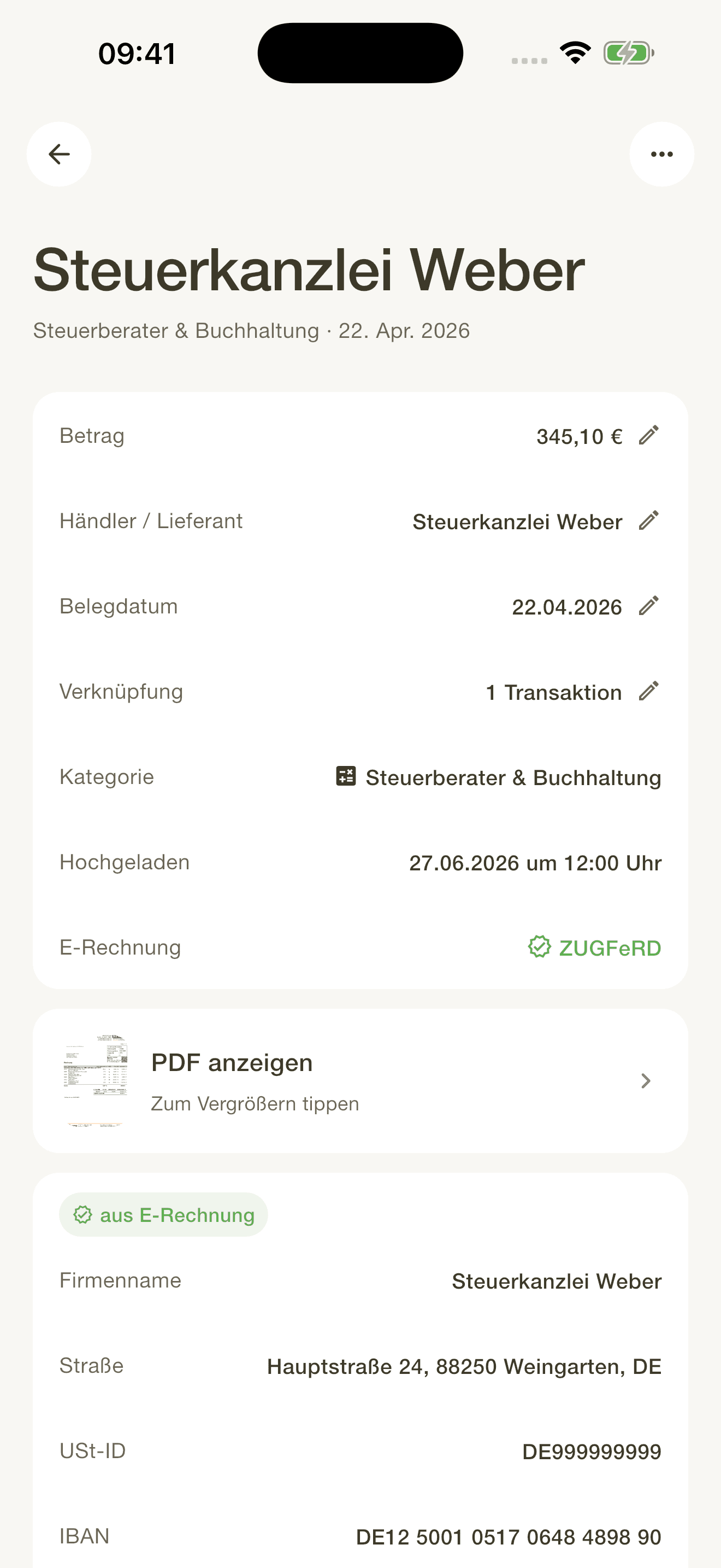 BuchhaltIQ Eingangsrechnung, als ZUGFeRD-E-Rechnung erkannt, mit ausgelesenen Stammdaten