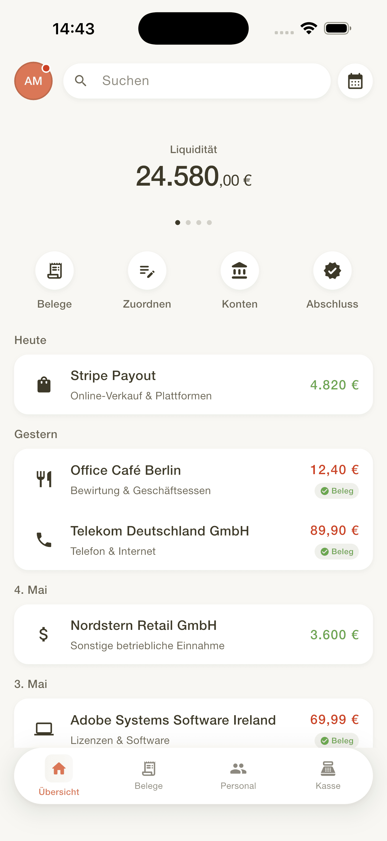 BuchhaltIQ App-Übersicht mit Liquidität, Belegen und Buchungen
